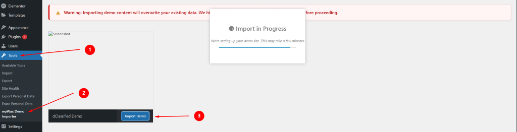 import theme with wpwax demo importer